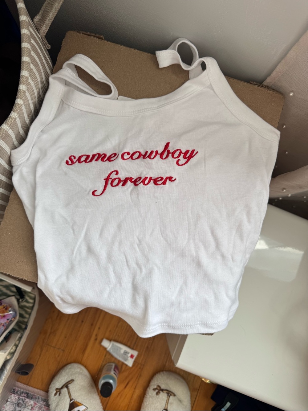 Bella Canvas White Tank with Red 'same cowboy forever' Embroidery